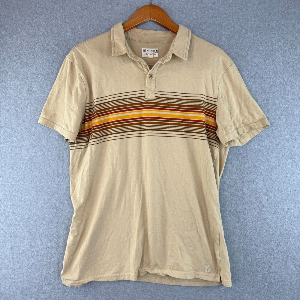 Hang Ten Men's Vintage Stripped Tan T-Shirt Polo 70s Retro Beach Surfer Size L